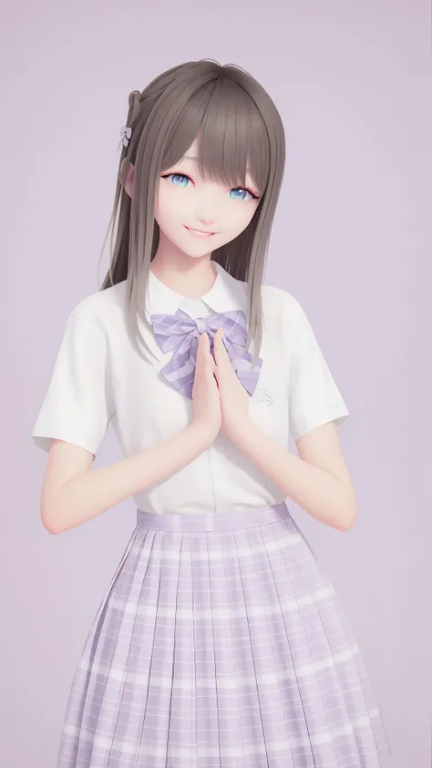 masterpiece,best quality,1girl, blue_eyes, cowboy shot, long_hair, looking_at_viewer, plaid_skirt, pleated_skirt, school_uniform, shirt, short_sleeves, skirt, smile, solo, <lora:lumi:0.8>