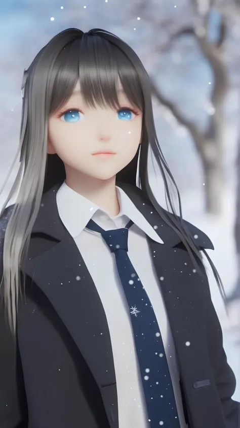 (8k, best quality, masterpiece), (ultra-detailed:1.1), (high detailed skin),1girl, bangs, bare_tree, blue_eyes, blurry, branch, depth_of_field, jacket, light_particles, long_hair, necktie, outdoors, shirt, sky, snow, snowing, solo, star_\(sky\), tree, upper_body, white_shirt, winter,<lora:lumi_xl:0.8>