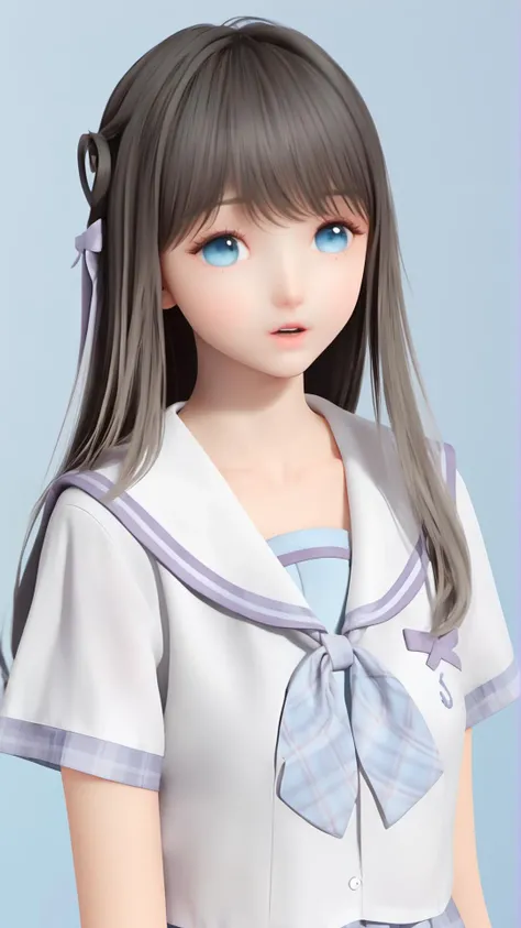 (8k, best quality, masterpiece), (ultra-detailed:1.1), (high detailed skin),1girl, bangs, black_hair, blue_eyes, gradient, gradient_background, grey_background, long_hair, looking_at_viewer, own_hands_together, parted_lips, plaid, sailor_collar, school_uniform, serafuku, shirt, short_sleeves, solo, upper_body, <lora:lumi_xl:0.8>