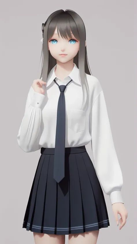 (8k, best quality, masterpiece), (ultra-detailed:1.1), (high detailed skin),1girl, bangs, black_necktie, black_skirt, blue_eyes, cowboy_shot, grey_background, long_hair, long_sleeves, looking_at_viewer, necktie, pleated_skirt, shirt, simple_background, skirt, solo, standing, white_shirt,<lora:lumi_xl:0.8>