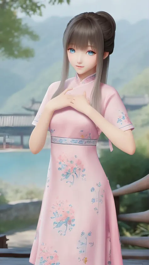 (8k, best quality, masterpiece), (ultra-detailed:1.1), (high detailed skin),1girl, arm_up, bangs,blue eyes, breasts, china_dress, chinese_clothes, cowboy_shot, day, dress, floral_print, hand_on_hip, long_hair, looking_at_viewer, outdoors, pink_dress, print_dress, short_sleeves, solo, standing,<lora:lumi_xl:0.7>