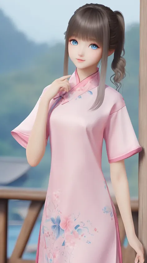 (8k, best quality, masterpiece), (ultra-detailed:1.1), (high detailed skin),1girl, arm_up, bangs,blue eyes, breasts, china_dress, chinese_clothes, cowboy_shot, day, dress, floral_print, hand_on_hip, long_hair, looking_at_viewer, outdoors, pink_dress, print_dress, short_sleeves, solo, standing,<lora:lumi_xl:0.7>