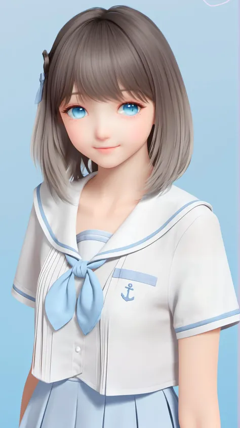 (8k, best quality, masterpiece), (ultra-detailed:1.1), (high detailed skin),1girl, blue_background, blue_eyes, cowboy_shot, gradient, gradient_background, looking_at_viewer, neckerchief, parted_lips, pleated_skirt, sailor_collar, school_uniform, serafuku, shirt, short_hair, short_sleeves, skirt, smile, solo,<lora:lumi_xl:0.8>
