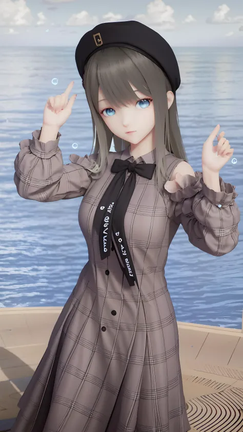masterpiece,best quality,1girl, blunt_bangs, black beret, black_bow,black_bowtie, black_headwear, black_ribbon, blue_eyes, bow, closed_mouth, hat, long_hair, looking_at_viewer, detached_sleeves,long_sleeves,brown_plaid_dress,beach,ocean, shore, solo, cowboy shot, <lora:lumi:0.8>
