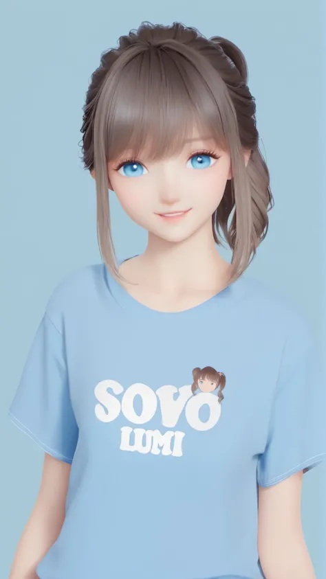 (8k, best quality, masterpiece), (ultra-detailed:1.1), (high detailed skin),1girl, arms_at_sides, bangs, blue_background, blue_eyes, blue_shirt, clothes_writing, cowboy_shot, looking_at_viewer, shirt, short_sleeves, simple_background, smile, solo, t-shirt, <lora:lumi_xl:0.8>