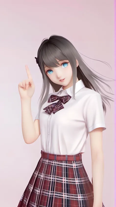 (8k, best quality, masterpiece), (ultra-detailed:1.1), (high detailed skin),1girl, bangs, black_hair, blue_eyes, bow, bowtie, checkered_skirt, cowboy_shot, gradient, gradient_background, index_finger_raised, long_hair, looking_at_viewer, plaid, plaid_bow, plaid_bowtie, plaid_skirt, pleated_skirt, pointing, school_uniform, shirt, short_sleeves, skirt, solo, white_shirt,<lora:lumi_xl:0.8>