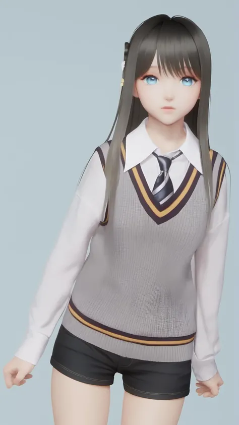 (8k, best quality, masterpiece), (ultra-detailed:1.1), (high detailed skin),1girl, bangs, black_hair, blue_eyes, collared_shirt, grey_background, long_hair, long_sleeves, looking_at_viewer, necktie, shirt, short_shorts, shorts, solo, standing, sweater, sweater_vest,<lora:lumi_xl:0.8>