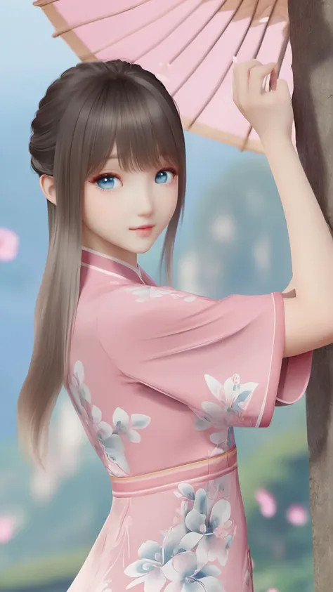 (8k, best quality, masterpiece), (ultra-detailed:1.1), (high detailed skin),1girl, arm_up, bangs,blue eyes, breasts, china_dress, chinese_clothes, cowboy_shot, day, dress, floral_print, hand_on_hip, long_hair, looking_at_viewer, outdoors, pink_dress, print_dress, short_sleeves, solo, standing,<lora:lumi_xl:0.7>