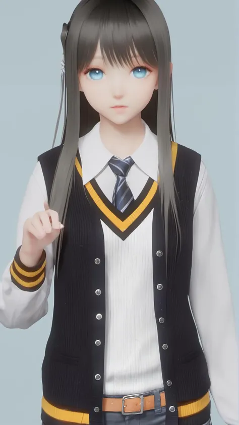 (8k, best quality, masterpiece), (ultra-detailed:1.1), (high detailed skin),1girl, bangs, black_hair, blue_eyes, collared_shirt, grey_background, long_hair, long_sleeves, looking_at_viewer, necktie, shirt, short_shorts, shorts, solo, standing, sweater, sweater_vest,<lora:lumi_xl:0.8>