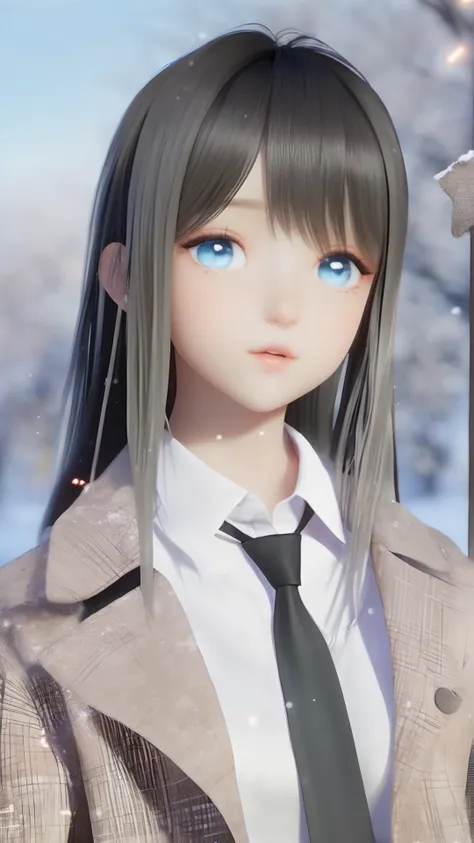 (8k, best quality, masterpiece), (ultra-detailed:1.1), (high detailed skin),1girl, bangs, bare_tree, blue_eyes, blurry, branch, depth_of_field, jacket, light_particles, long_hair, necktie, outdoors, shirt, sky, snow, snowing, solo, star_\(sky\), tree, upper_body, white_shirt, winter, <lora:lumi_xl:0.8>