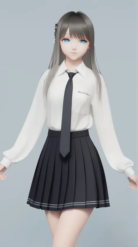 (8k, best quality, masterpiece), (ultra-detailed:1.1), (high detailed skin),1girl, bangs, black_necktie, black_skirt, blue_eyes, cowboy_shot, grey_background, long_hair, long_sleeves, looking_at_viewer, necktie, pleated_skirt, shirt, simple_background, skirt, solo, standing, white_shirt,<lora:lumi_xl:0.8>