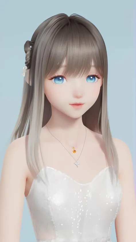 (8k, best quality, masterpiece), (ultra-detailed:1.1), (high detailed skin),1girl, bangs, bare_shoulders, blue_background, blue_eyes, closed_mouth, collarbone, dress, gradient_background, jewelry, lips, long_hair, looking_at_viewer, necklace, simple_background, solo, upper_body,<lora:lumi_xl:0.8>