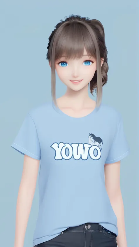 (8k, best quality, masterpiece), (ultra-detailed:1.1), (high detailed skin),1girl, arms_at_sides, bangs, blue_background, blue_eyes, blue_shirt, clothes_writing, cowboy_shot, looking_at_viewer, shirt, short_sleeves, simple_background, smile, solo, t-shirt, <lora:lumi_xl:0.8>