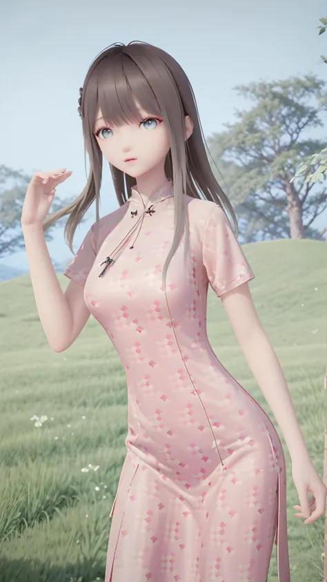 masterpiece,best quality,1girl, bangs, breasts, china_dress, chinese_clothes, cowboy_shot, day, depth_of_field, dress, floral_print, long_hair, looking_at_viewer, outdoors, pink_dress, print_dress, short_sleeves, solo, standing, <lora:lumi:0.8>