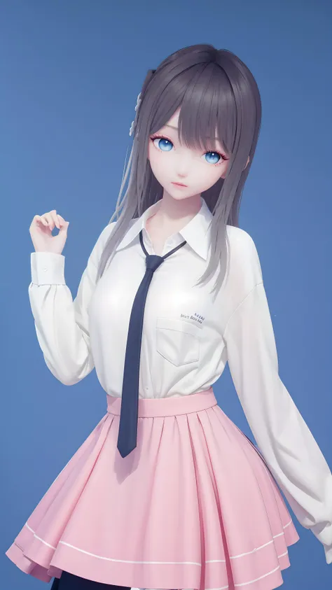 masterpiece,best quality,1girl, bangs, black_necktie, black_skirt, blue_background, blue_eyes, closed_mouth, collared_shirt, long_hair, long_sleeves, looking_at_viewer, necktie, pleated_skirt, shirt, simple_background, skirt, solo, white_shirt, <lora:lumi:0.8>