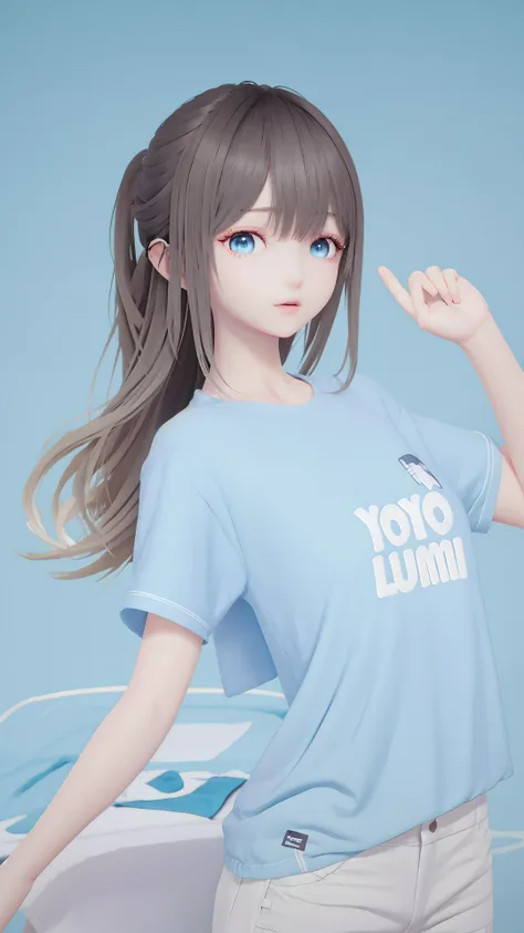 masterpiece,best quality,1girl, side ponytail, blue shirt, t-shirt , white shorts, dynamic pose, dynamic angle, cowboy shot, <lora:lumi:0.8>