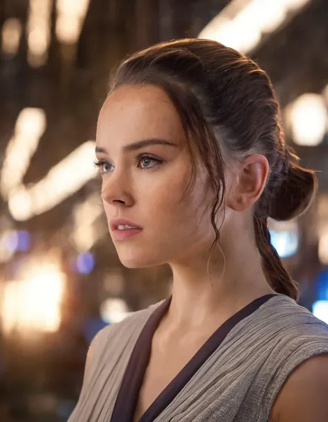 breathtaking photo of sksjedi, 1girl, brown hair, ponytail, blurry, lips, depth of field, blurry background futuristic city lots of lights, portrait, realistic, nose, professional, 4k, highly detailed <lora:Rey:1.2> . award-winning, professional, highly detailed