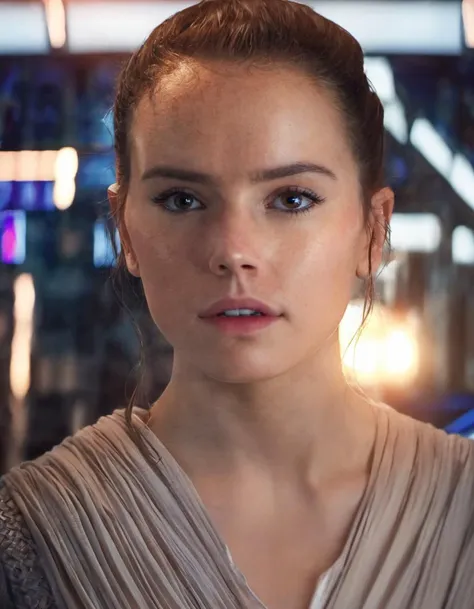 breathtaking photo of sksjedi, 1girl, brown hair, ponytail, blurry, lips, depth of field, blurry background futuristic city lots of lights, portrait, realistic, nose, professional, 4k, highly detailed <lora:Rey:1.2> . award-winning, professional, highly detailed