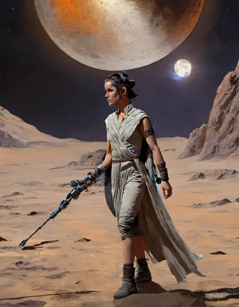 <lora:greg_rutkowski_xl_2:0.9> <lora:Rey:1.1> (sksjedi:1.2), 1girl, tunic, masterpiece, best quality, greg rutkowski, sksjedi, 1girl, solo, male focus, moon, staff, walking, science fiction, realistic, spacecraft, desert , very detailed, high resolution, sharp, sharp image