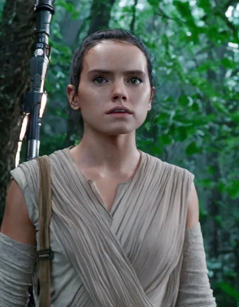 breathtaking sksjedi, 1girl, solo, looking at viewer, brown eyes, male focus, outdoors, parted lips, tree, nature, forest, realistic, professional, 4k, highly detailed <lora:Rey:1.2> . award-winning, professional, highly detailed