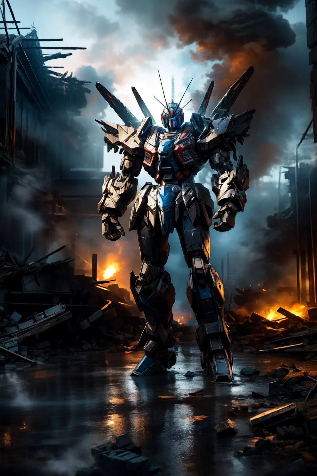 (masterpiece, best quality), intricate details, photo, realistic, unreal engine,
<lora:Mecha:0.8> (Mecha, giant robot:1.3) <lora:JourneyLoRA:0.8> <lora:LowRA:0.8> dark theme, <lora:add_detail:0.8> destroyed city, rubble, debris, smoke, fires, destroyed buildings,