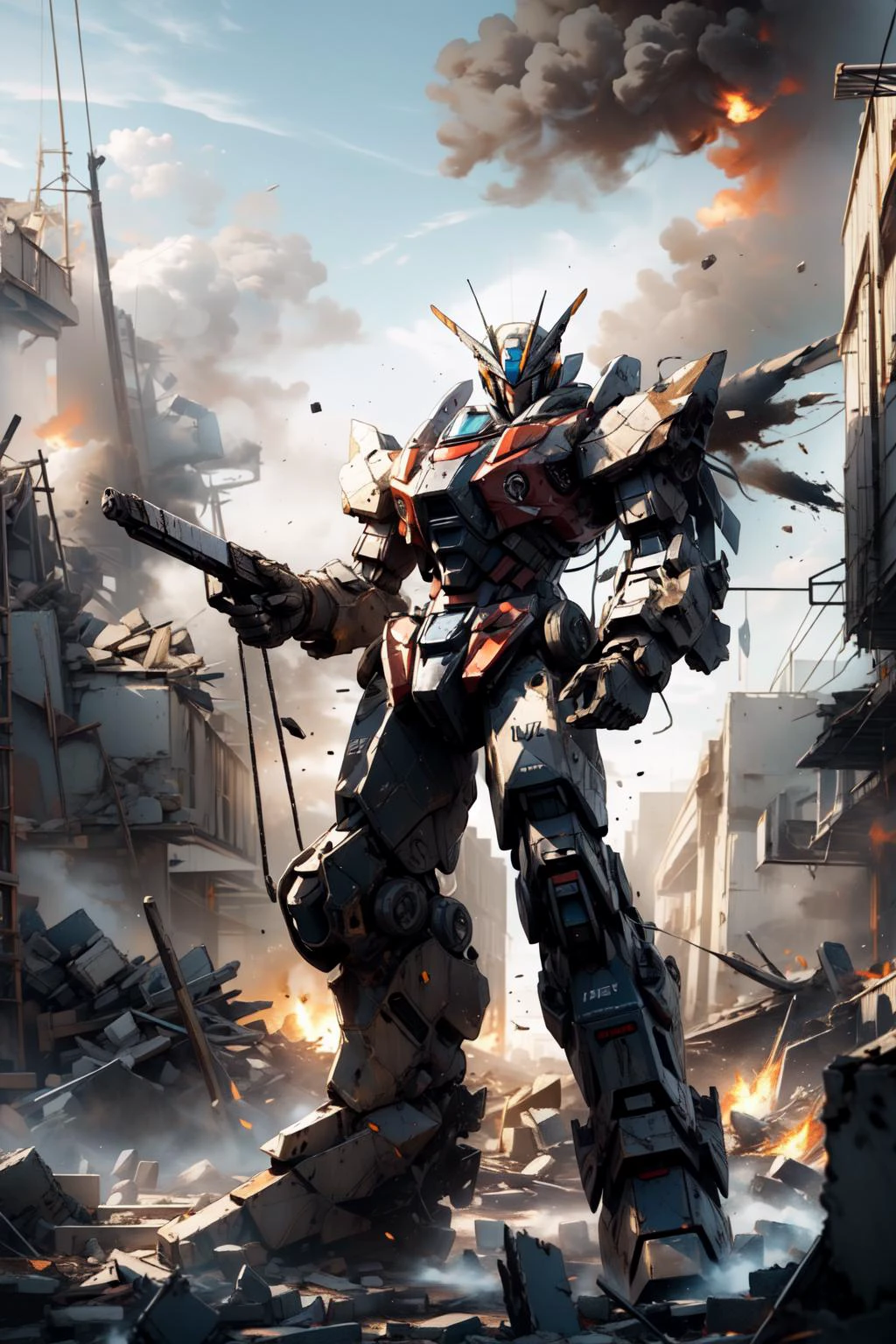 (masterpiece, best quality), intricate details, photo, realistic, unreal engine,
<lora:Mecha:0.8> (Mecha, giant robot:1.3) <lora:JourneyLoRA:0.8> destroyed city, rubble, debris, smoke, fires, destroyed buildings,