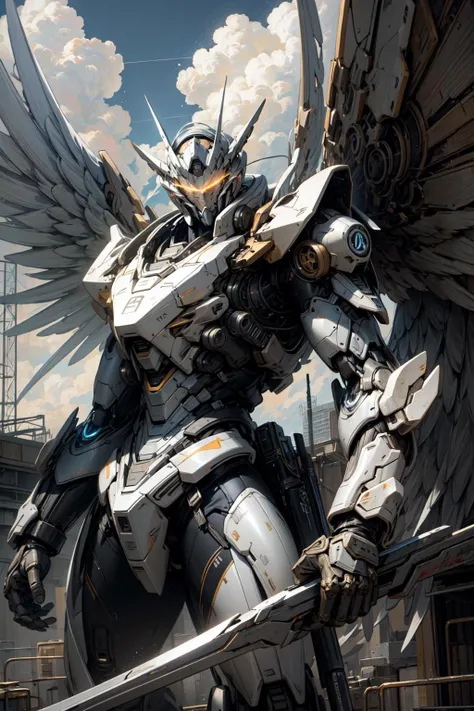 (masterpiece, best quality:1.3),extremely high detailed, intricate, 8k, HDR, wallpaper, cinematic lighting, <lora:Mecha:1> sky, cloud, holding_weapon, 1boy, glowing, armor, building, glowing_eyes, mecha, science_fiction,space, realistic,mecha, wings