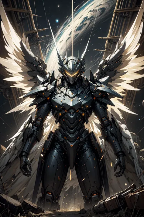 (masterpiece, best quality:1.3),extremely high detailed, intricate, 8k, HDR, wallpaper, cinematic lighting, <lora:Mecha:1> ,(universe:1.4),gun,(firing), glowing, armor, glowing eyes, mecha, large wings,
