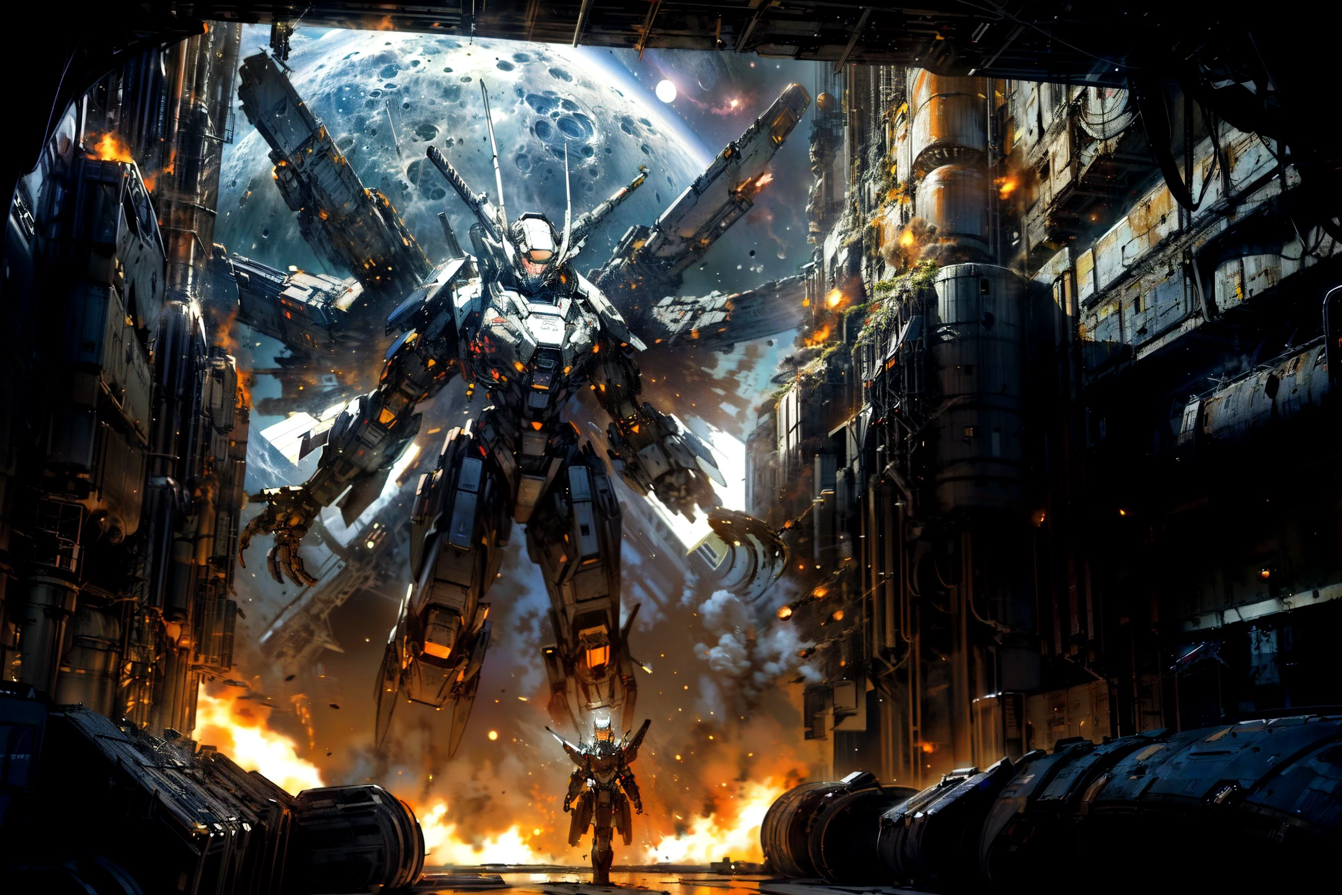((award winning composition, dramatic, outer space, space station, moon, black hole)), (masterpiece:1.2), holding_weapon, no_humans, glowing, (tanks), ((explosions, fire)), ((giant standing robot)), glowing_eyes, ((giant mecha)), science_fiction, realistic,(black mecha), best quality,high resolution,unity 8k wallpaper,(illustration:1),
<lora:Mecha:1> <lora:add_detail:1>
