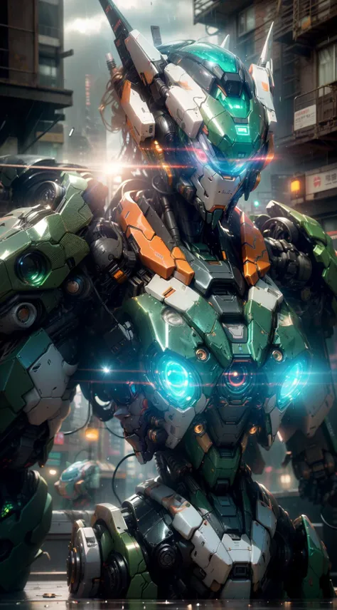 sky,((dramatic lighting)),(wide angle lens),glowing,Stand.,upper body,((Direct View Lens)),((((robot)))),building,(glowing_eyes),(Eye Close-up),(((mecha))),realistic,Honey Mecha,(Black sum Light green and light red mecha),glow,((Neon Light)),((Rainy Day)),(Night),holographic projection,((Reflective)),(Edge light),((Contour light)),((shiny/glossy)),(metallictexture),((bright light)),((fluorescent)),(holographic),(exquisite refraction effects),(Edge light),octanerenderblender,hyper quality,Ultra HD,8K,3DModel,3D rendering,Glass,Ceramics,science_fiction,city,<lora:Mecha:1>,