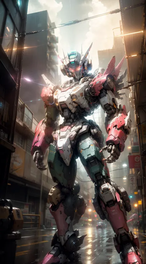 ((dramatic lighting)),(wide angle lens),glowing,(Stand),((Direct View Lens)),((((robot)))),(((Front view))),(perspective view),building,Gundam Dynames with neon glowing eyestilted,((glowing_eyes)),((Eye Close-up)),(((mecha))),Light pink and light gold,realistic,glow,((Neon Light)),((Rainy Day)),(Night),((Reflective)),(Edge light),((Contour light)),((shiny/glossy)),(metallictexture),((bright light)),((fluorescent)),(exquisite refraction effects),hyper quality,Ultra HD,3DModel,science_fiction,city,Halo,dispersion,light beam,Colorful,(medium wide angle),(Dynamic Perspective),sharp focus,Depth of field,octanerenderblender,<lora:Mecha:1>,