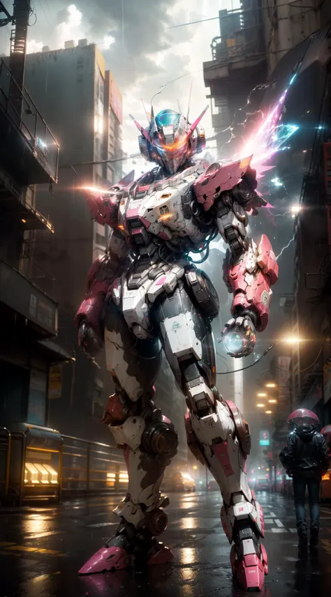 ((dramatic lighting)),(wide angle lens),glowing,(Stand),((Direct View Lens)),((((robot)))),(((Front view))),(perspective view),building,Gundam Dynames with neon glowing eyestilted,((glowing_eyes)),((Eye Close-up)),(((mecha))),Light pink and light gold,realistic,glow,((Neon Light)),((Rainy Day)),(Night),((Reflective)),(Edge light),((Contour light)),((shiny/glossy)),(metallictexture),((bright light)),((fluorescent)),(exquisite refraction effects),hyper quality,Ultra HD,3DModel,science_fiction,city,Halo,dispersion,light beam,Colorful,(medium wide angle),(Dynamic Perspective),sharp focus,Depth of field,octanerenderblender,<lora:Mecha:1>,
