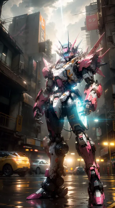 (((dramatic lighting))),(wide angle lens),glowing,(Stand),((Direct View Lens)),((((robot)))),(((Front view))),(perspective view),building,Clean dark part,Gundam Dynames with neon glowing eyestilted,((glowing_eyes)),((Eye Close-up)),(((mecha))),Light pink and light gold,realistic,glow,((Neon Light)),((Rainy Day)),(Night),((Reflective)),(Edge light),((Contour light)),((shiny/glossy)),(metallictexture),((bright light)),((fluorescent)),(exquisite refraction effects),hyper quality,Ultra HD,3DModel,science_fiction,city,Halo,dispersion,light beam,Colorful,(medium wide angle),(Dynamic Perspective),sharp focus,Depth of field,octanerenderblender,<lora:Mecha:1>,Pastel color,