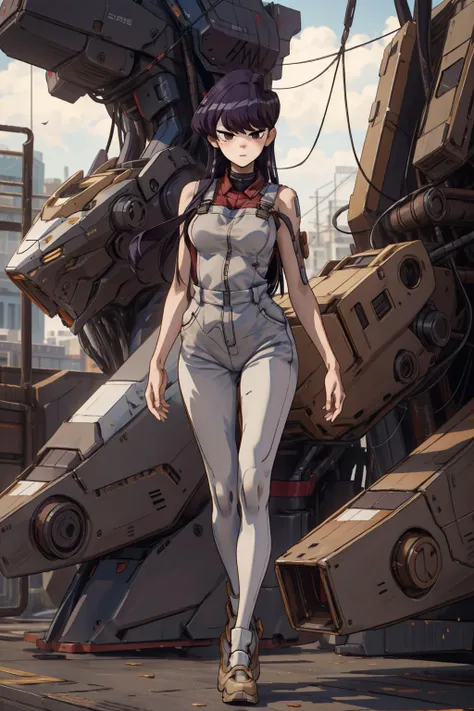 masterpiece,1girl, tall elegant girl, long legs, solo, komi shouko, medium breasts, (full body portrait), Mecha, beige overalls, vorker outfit, sci-fi