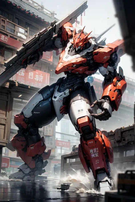 <lora:Mecha:1>sky, holding gun, Dynamic Pose, no_humans, glowing, , robot, low building, glowing_eyes, giant mech, science_fiction, China Jiangnan water town style, realistic,light orange mecha