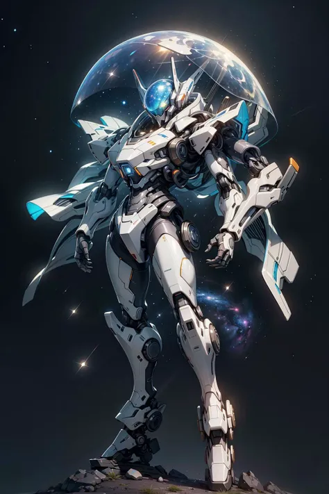 a glass steel mecha in a dynamic pose, (galaxies),(starts),(milky way),(best quality),<lora:GlassSteelMecha:0.75>