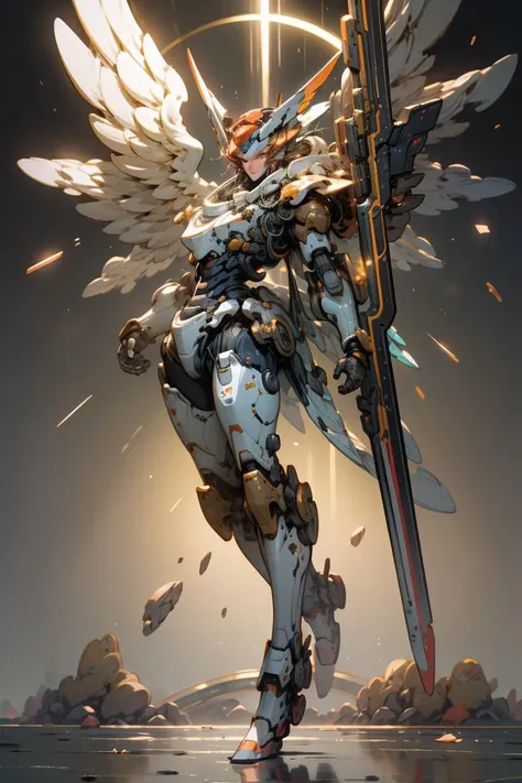 (8k,RAW photo,best quality, masterpiece:1.2),metallic luster,physically-based rendering,tyndall effect,surface reflection,looking at viewer,Steadicam Shot,dynamic posture,face focus, (Mecha:1.1),full body,solo,glowing,armor,large wings, rainbow-candy,style-swirlmagic, <lora:SharpieMecha:0.8>,