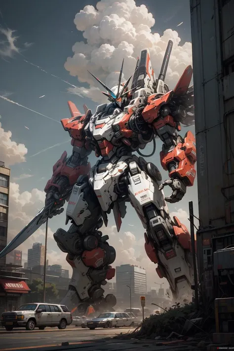 <lora:SharpieMecha:0.5>, sky, cloud, holding_weapon, no_humans, glowing, , robot, building, glowing_eyes, mecha, science_fiction, city, realistic,mecha