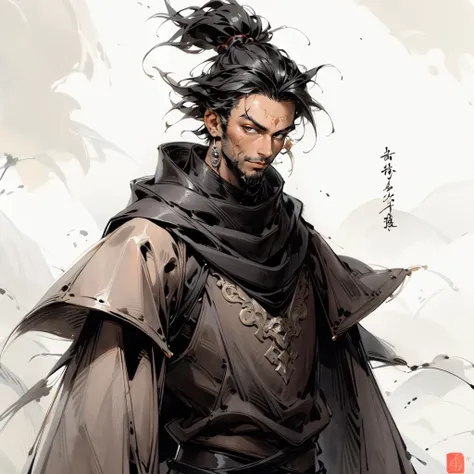 <lora:InkMecha:1>,(masterpiece, best quality), dark-skinned man, rogue, thin, goatee, adult, bard, jovial,  ((intricate)),earring, leather armour, dagger, friendly,  looking at viewer, upper body, desert, scrubland,  sandstorm