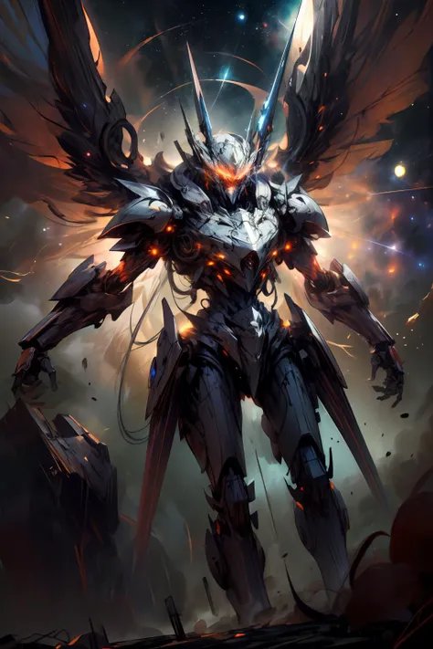 (masterpiece, best quality:1.3), extremely high detailed, intricate, 8k, HDR, wallpaper, cinematic lighting, (universe), glowing, armor, glowing eyes, mecha, large wings, <lora:AstralMecha:1>, <lora:add_detail:1>