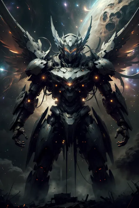 (masterpiece, best quality:1.3), extremely high detailed, intricate, 8k, HDR, wallpaper, cinematic lighting, (universe), glowing, armor, glowing eyes, mecha, large wings, <lora:AstralMecha:1>