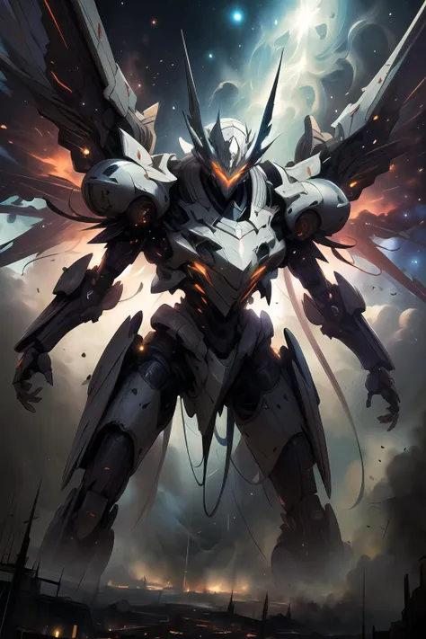(masterpiece, best quality:1.3), extremely high detailed, intricate, 8k, HDR, wallpaper, cinematic lighting, (universe), glowing, armor, glowing eyes, mecha, large wings, <lora:AstralMecha:1>