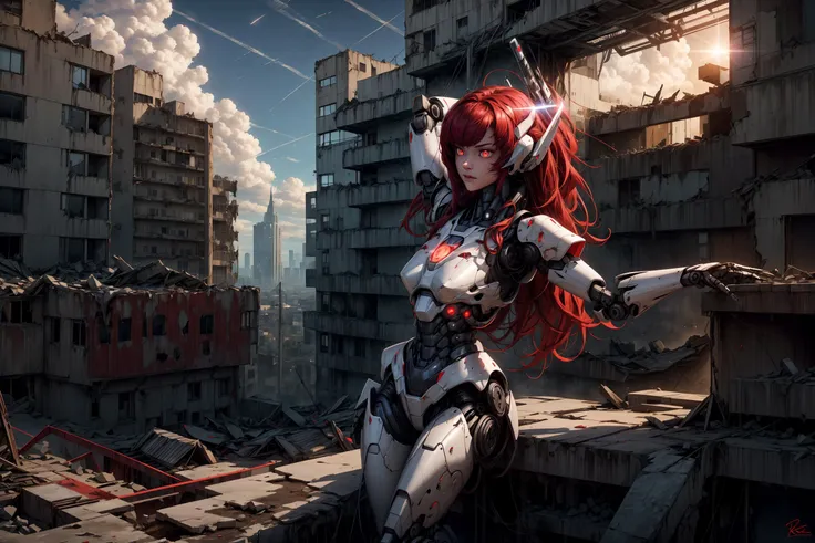 <lora:AstralMecha:0.5>, 1 robot girl sitting on a ruined building, solo, red shining sexy armor, sky, cloud, holding_weapon, glowing, robot, building, glowing_eyes, mecha, science_fiction, city, realistic, light red mecha, <lora:more_details:0.5>, <lora:epi_noiseoffset2:0.5>