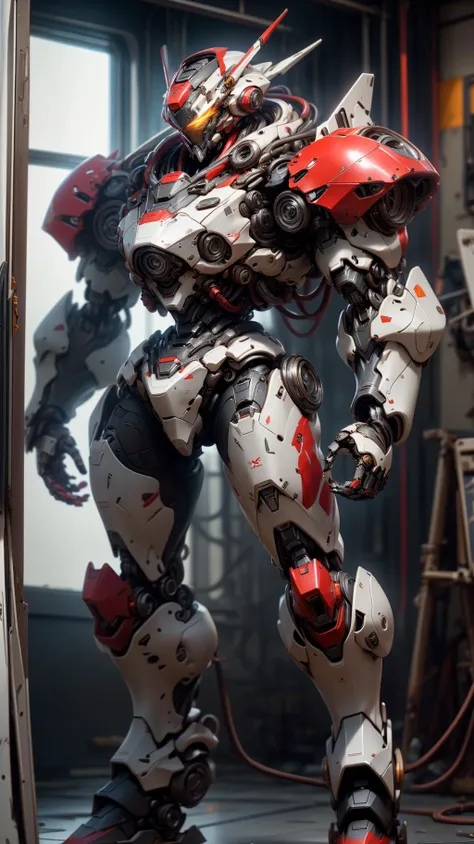 award wining professional designer, 3DMM raw photo of full body (ultra high quality, ultra detailed, ultra realistic, realistic, genius masterpiece) of, ( true realistic mirror metal reflexion) (muscular transformer robot mecha),(ultra detailed ultra-sharp head, realistic texturing),new model design, hard surface structure,combination of carbon fiber and (white and red metallic paint:1.3),The ((chrome accents)) glisten under the meticulous ((studio lighting)), adding an extra layer of ((refinement)) to the overall composition, glowing armor lights,precision of its ((aerodynamic design)) and ((tuned modifications)), Each spoke is meticulously rendered, capturing the reflection of the ((rich textures)). The ((glowing bright lights)) filtering through the hard metal parts, ((vibrant color)), HDR (High Dynamic Range),Ray Tracing,NVIDIA RTX,Super-Resolution,Unreal 5,Subsurface scattering,PBR Texturing,Post-processing,Anisotropic Filtering,Depth-of-field,Maximum clarity and sharpness,Multi-layered textures,Albedo and Specular maps,Surface shading,Accurate simulation of light-material interaction,Perfect proportions,Octane Render,Two-tone lighting,Wide aperture,Low ISO,White balance,Rule of thirds,8K RAW,Efficient Sub-Pixel,sub-pixel convolution, <lora:3DMM_V5:0.8> <lora:AstralMecha:0.8> <lora:FINAL Robort:0.4> robort