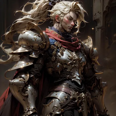 Anime style, ultra detailed, masterpiece,flirtatious male king with straight blond ponytail, wearing armor with a blue cape, regal, fantasy style <lora:AstralMecha:0.8>,