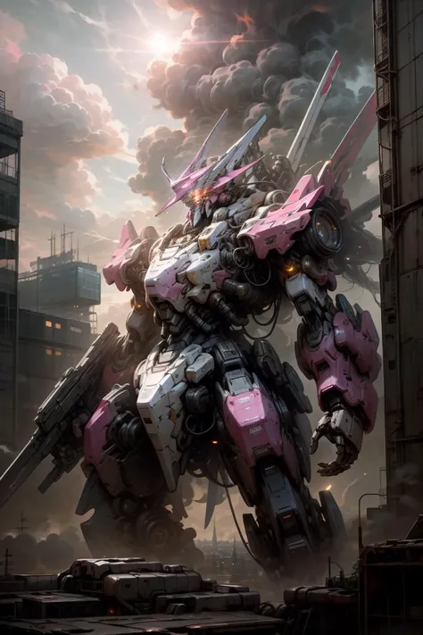 <lora:AstralMecha:0.8>, sky, cloud, holding_weapon, no_humans, glowing, , robot, building, glowing_eyes, mecha, science_fiction, city, realistic,light pink mecha