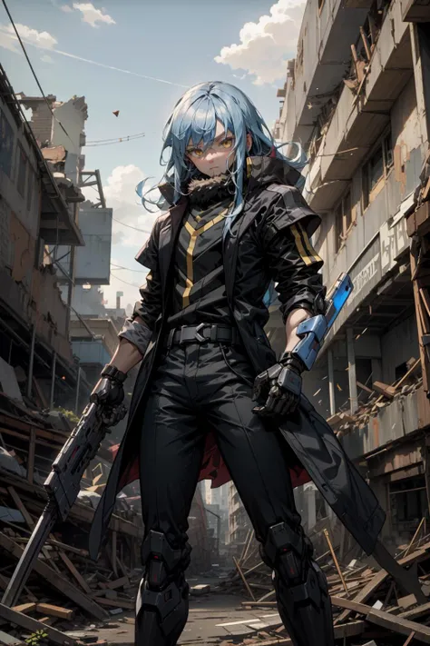 best quality, masterpiece, solo, <lora:Mecha:1>,  <lora:rimuru3-000007:1>, lrd1, Mecha, against the background of ruins
