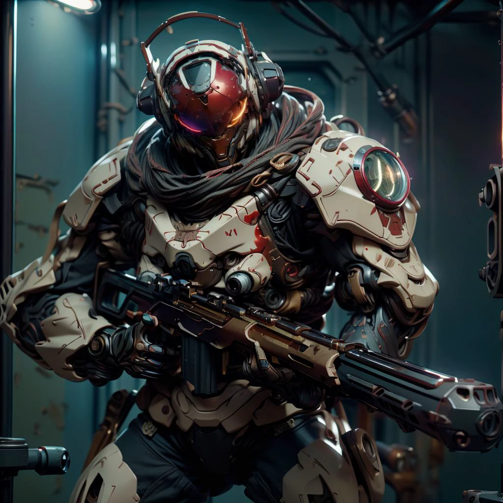 award wining professional designer, 3DMM raw photo of full body (ultra high quality, ultra detailed, ultra realistic, realistic, genius masterpiece) of, ( true realistic mirror metal reflexion) (muscular glowing transformer robort mecha),(ultra detailed ultra-sharp head, realistic texturing),( aiming 50Caliber, holding heavy rifle gun, 50 caliber:1.6), military stealth green pattern, new model design, hard surface structure,combination of carbon fiber and (white and red metallic paint:1.3),The ((chrome accents)) glisten under the meticulous ((studio lighting)), adding an extra layer of ((refinement)) to the overall composition, glowing armor lights,precision of its ((aerodynamic design)) and ((tuned modifications)), Each spoke is meticulously rendered, capturing the reflection of the ((rich textures)). The ((glowing bright lights)) filtering through the hard metal parts, ((vibrant color)), HDR (High Dynamic Range),Ray Tracing,NVIDIA RTX,Super-Resolution,Unreal 5,Subsurface scattering,PBR Texturing,Post-processing,Anisotropic Filtering,Depth-of-field,Maximum clarity and sharpness,Multi-layered textures,Albedo and Specular maps,Surface shading,Accurate simulation of light-material interaction,Perfect proportions,Octane Render,Two-tone lighting,Wide aperture,Low ISO,White balance,Rule of thirds,8K RAW,Efficient Sub-Pixel,sub-pixel convolution, <lora:3DMM_V5:0.8> <lora:AstralMecha:0.8> <lora:FINAL Robort:0.4> <lora:50CaliberV2:0.8>