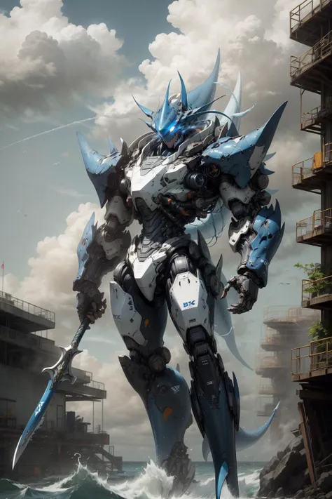 <lora:Mecha:1.1> sky, cloud, holding_weapon, no_humans, glowing eyes,blue Mecha,robot, bipedal, trident, shark motif, fins, aerodynamic design, built for speed and stealth, elbow blades, shark tail, standing in ocean