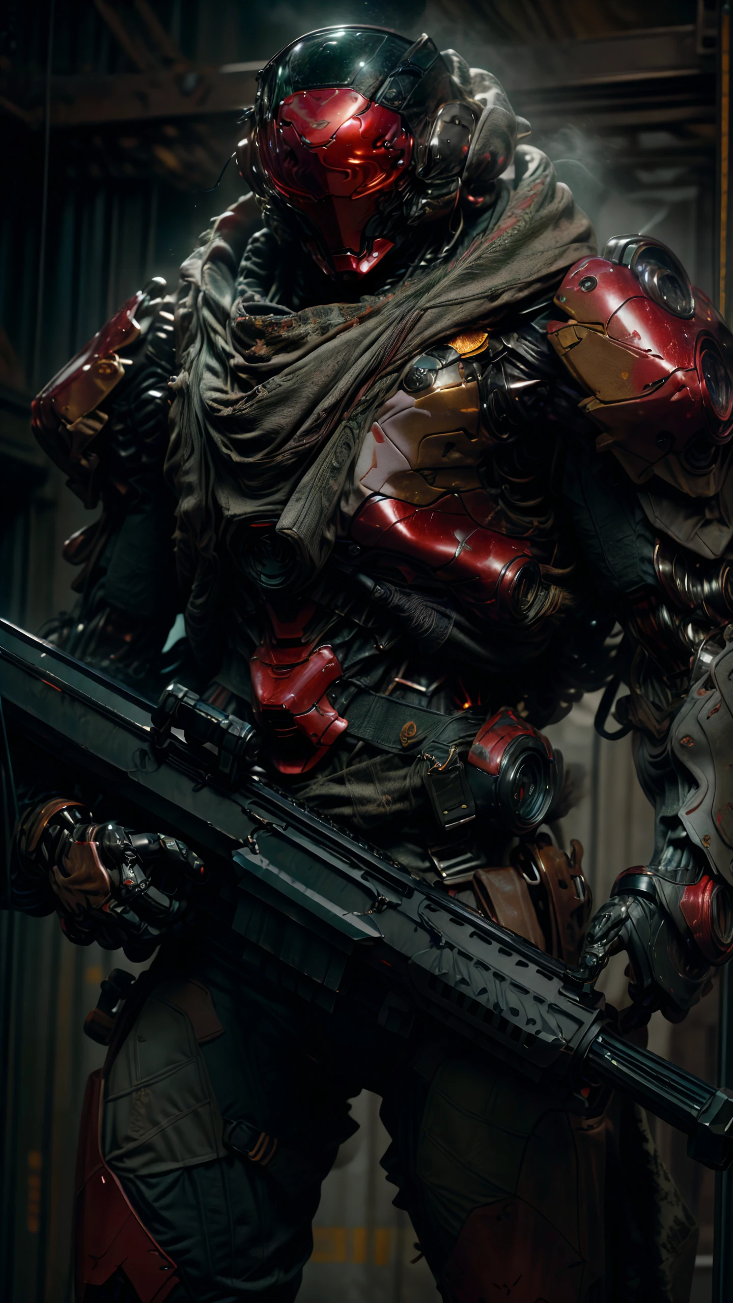 award wining professional designer, 3DMM raw photo of full body (ultra high quality, ultra detailed, ultra realistic, realistic, genius masterpiece) of,full body (muscular glowing transformer robort mecha), ( true realistic mirror metal reflexion), (ultra detailed ultra-sharp closed helmet, realistic texturing),( aiming 50Caliber, holding heavy rifle gun, 50 caliber:1.4), military stealth green pattern, new model design, hard surface structure,combination of carbon fiber and (white and red metallic paint:1.3),The ((chrome accents)) glisten under the meticulous ((studio lighting)), adding an extra layer of ((refinement)) to the overall composition, glowing armor lights,precision of its ((aerodynamic design)) and ((tuned modifications)), Each spoke is meticulously rendered, capturing the reflection of the ((rich textures)). The ((glowing bright lights)) filtering through the hard metal parts, ((vibrant color)), HDR (High Dynamic Range),Ray Tracing,NVIDIA RTX,Super-Resolution,Unreal 5,Subsurface scattering,PBR Texturing,Post-processing,Anisotropic Filtering,Depth-of-field,Maximum clarity and sharpness,Multi-layered textures,Albedo and Specular maps,Surface shading,Accurate simulation of light-material interaction,Perfect proportions,Octane Render,Two-tone lighting,Wide aperture,Low ISO,White balance,Rule of thirds,8K RAW,Efficient Sub-Pixel,sub-pixel convolution, <lora:50CaliberV2:1> <lora:nijiarmor_anime_v2:0.8> <lora:AstralMecha:0.4> <lora:FINAL Robort:0.4> robort <lora:epi_noiseoffset2:0.8> <lora:more_details:0.8>